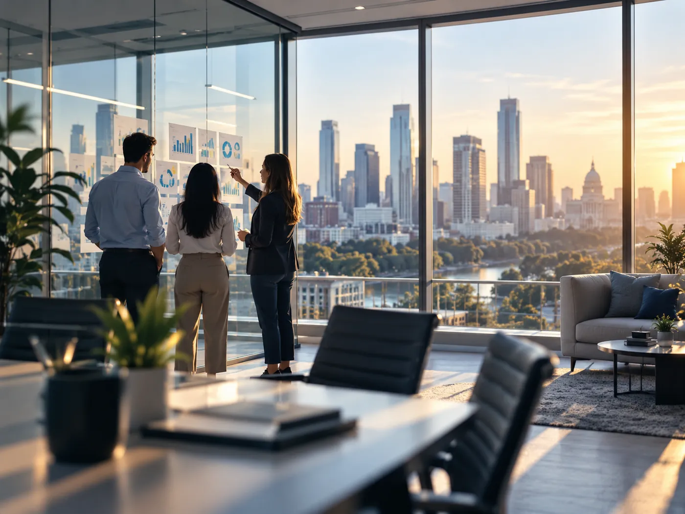 Team reviewing analytics in an office overlooking the Austin, Texas skyline